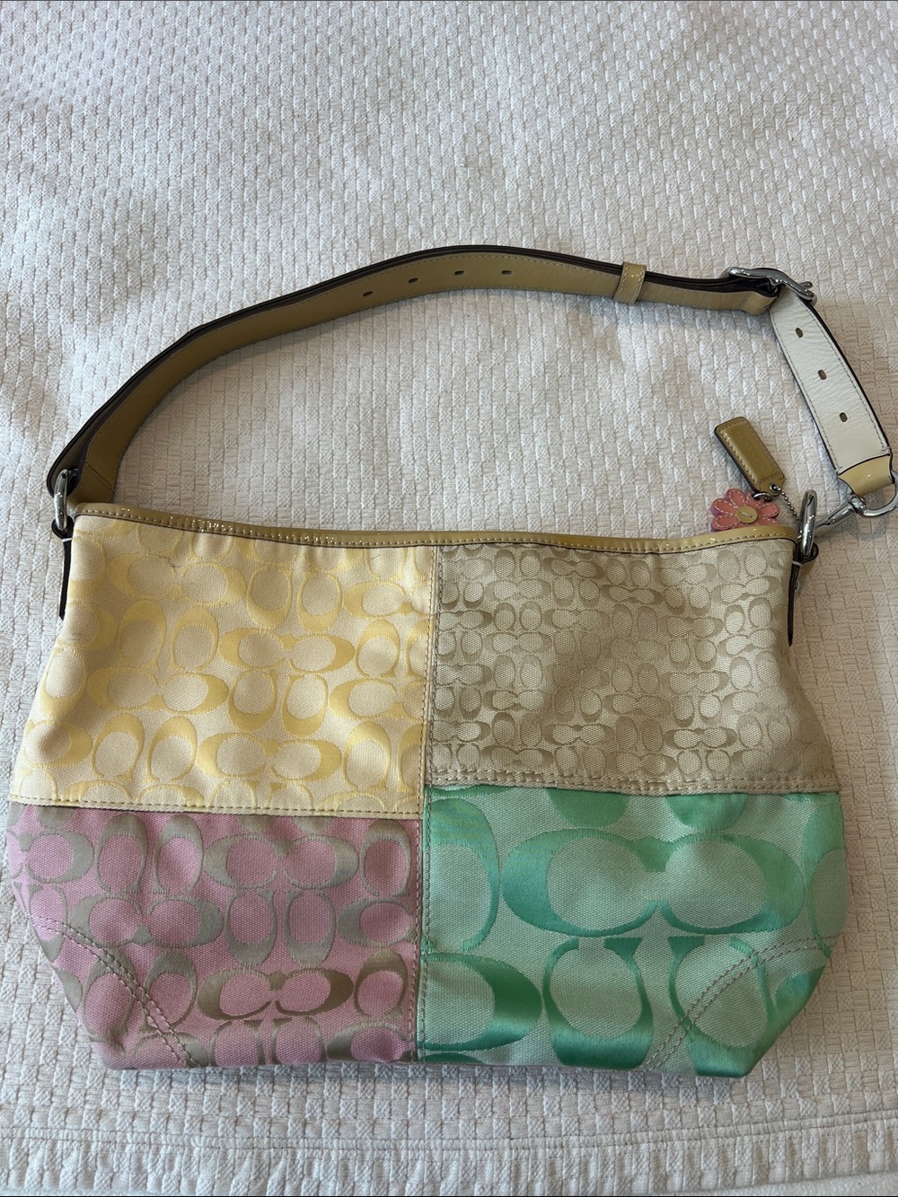 Coach Pastel Patchwork Signature Shoulder Bag - Yellow, Beige, Pink & Mint